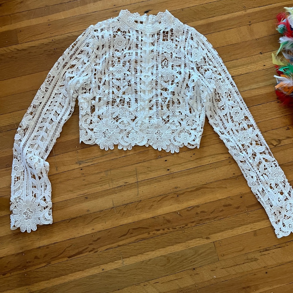 Intricate white lace blouse top long sleeve cropped sheer wedding boho Coachella
